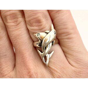 Interlocking Twin Dolphin Figural 925 Sterling Silver Unisex Vintage Ring - sz 6